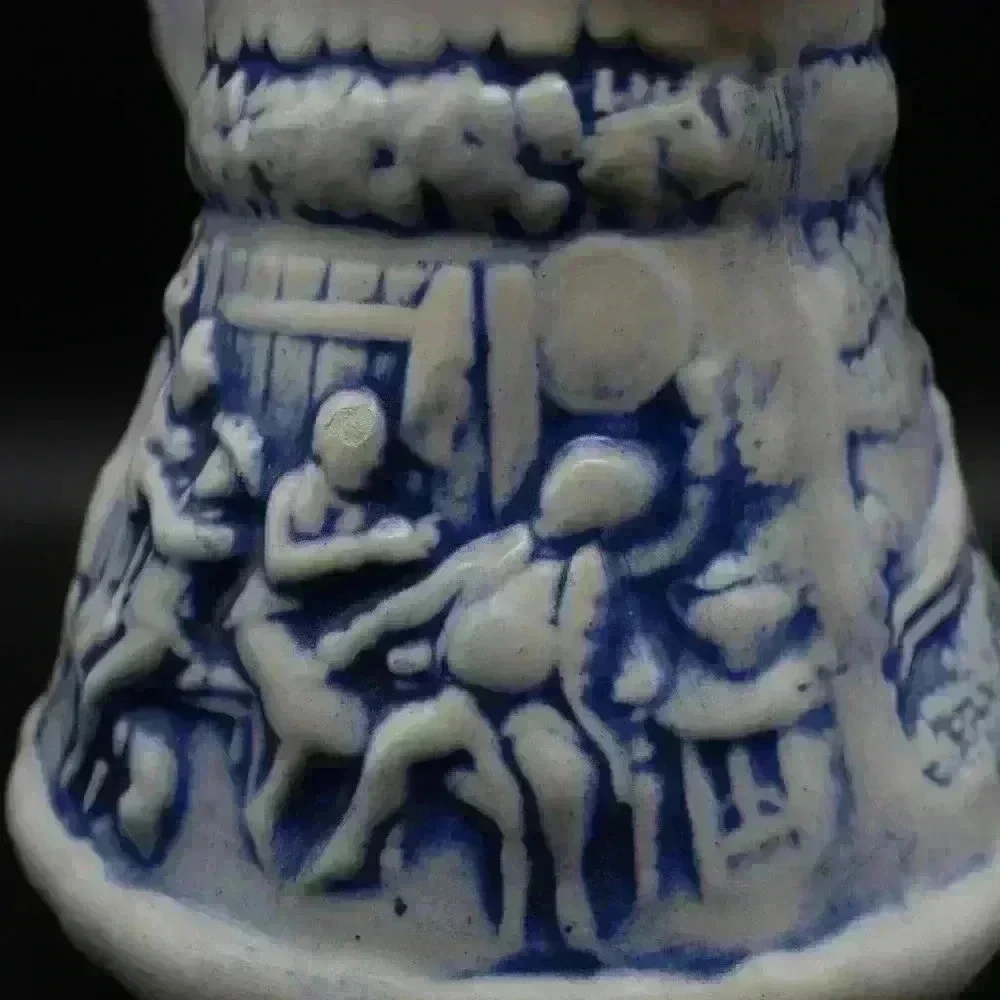 VINTAGE SIGNED CERAMIC POTTERY PITCHER JUG BLUE WASHED/RELIEF TAVERN SCENE
